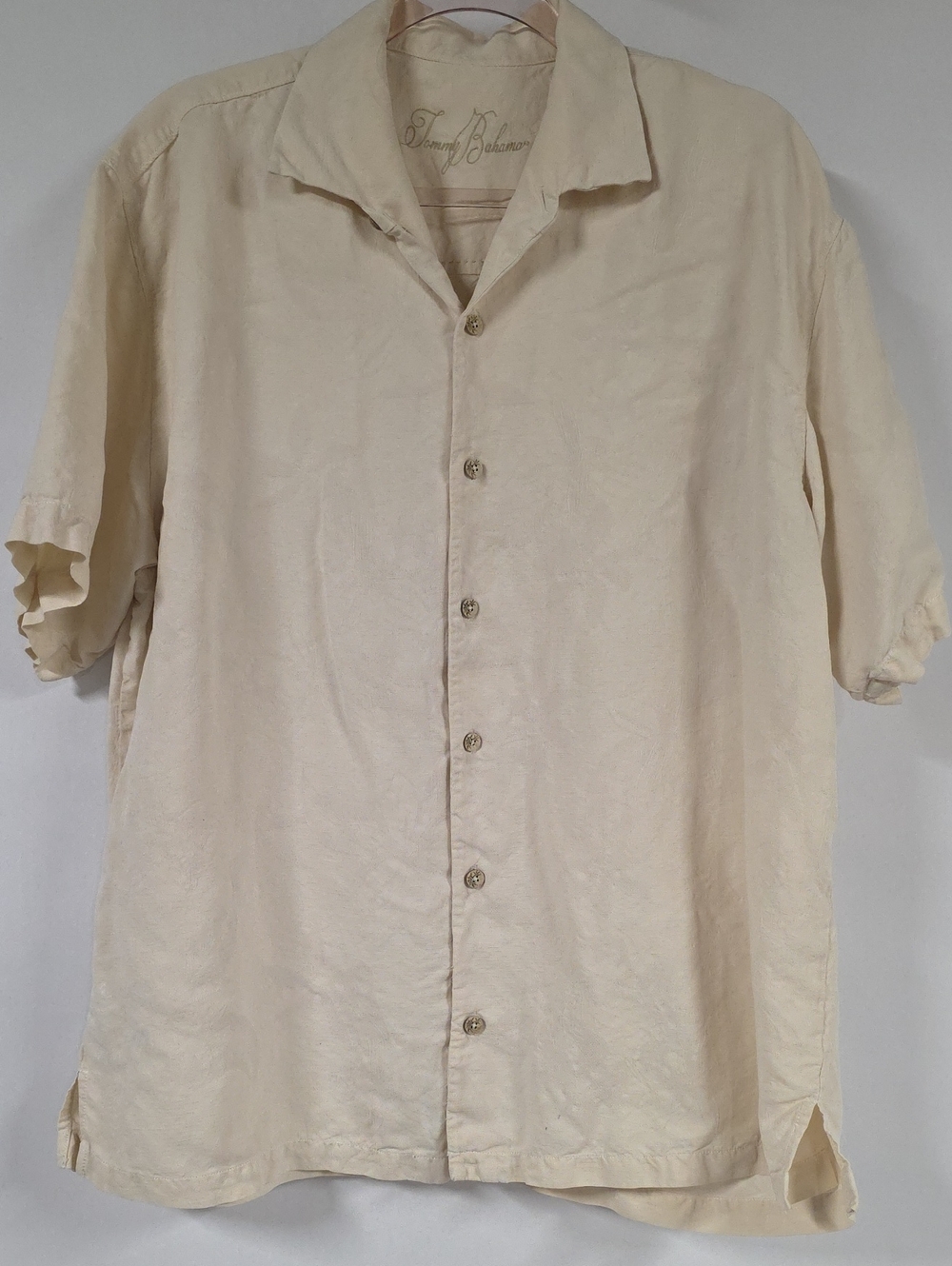 Vintage Tommy Bahama Men's Ivory Cream Short-Sleeve Button-Up Shirt, Size Large